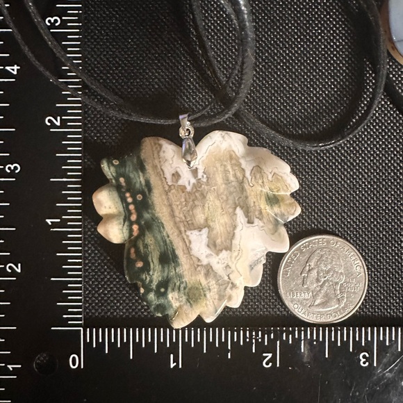 Ocean Jasper Leaf Pendant Necklace on Black Rope - Picture 9 of 10